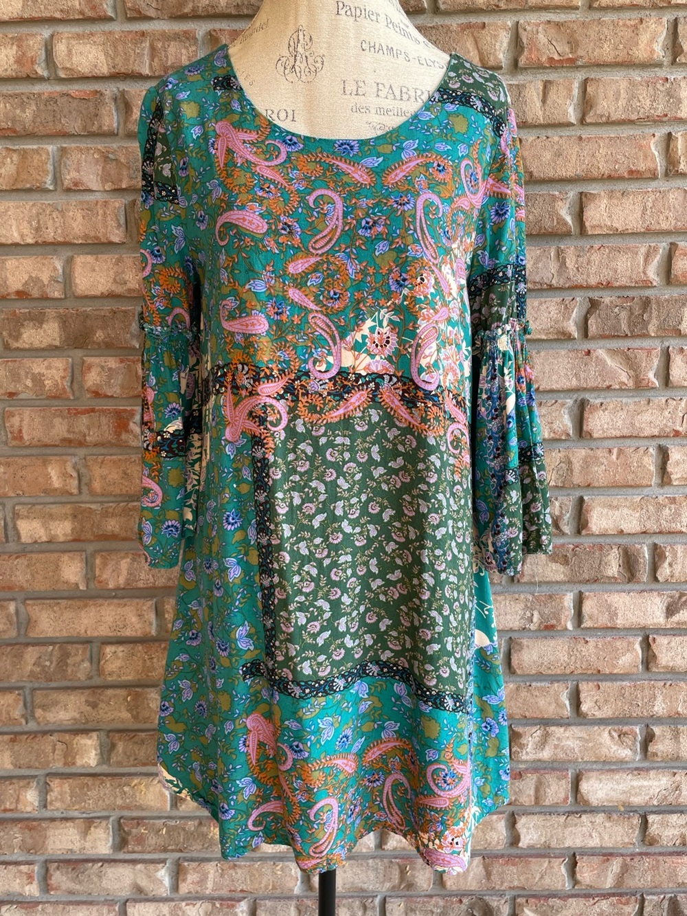 entro Teal Paisley Floral Long Sleeve Tunic Dress with Pink Accents